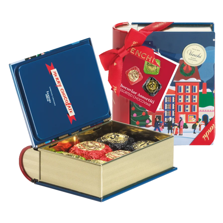 Mini Metall Buch als Geschenkbox mit Chocoviar Pralinen