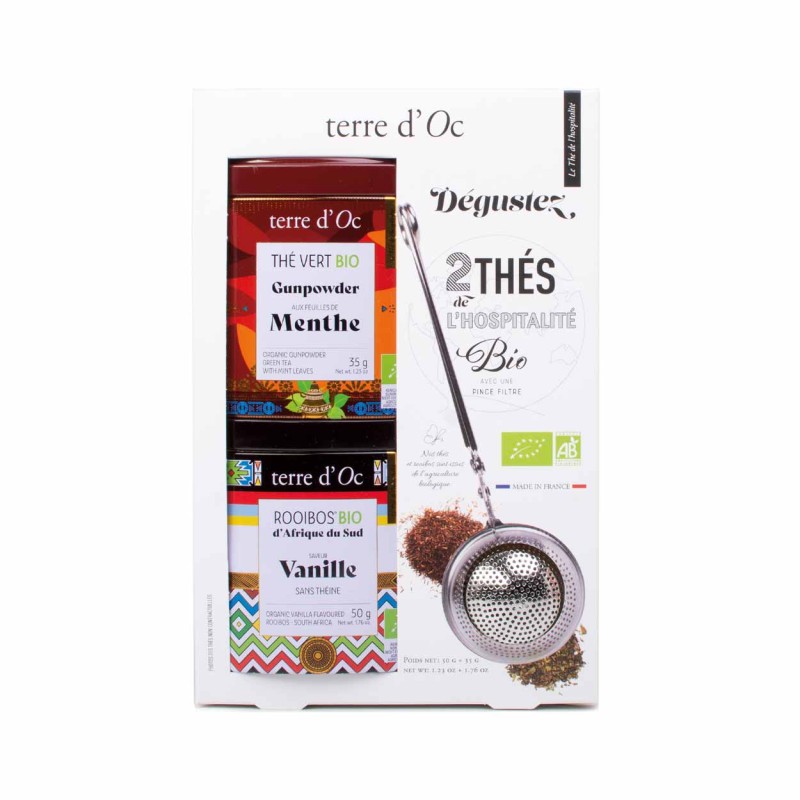 2 thés verts bio (jasmin 50g + menthe 50g) + cuillère à café de filtre