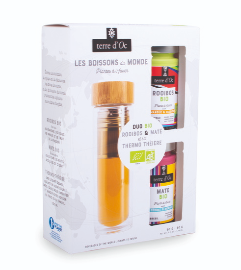 Geschenk Set:  Bio Mate Zitrone Minze + Mango Passionsfrucht Rooibos + Teekanne aus Glas