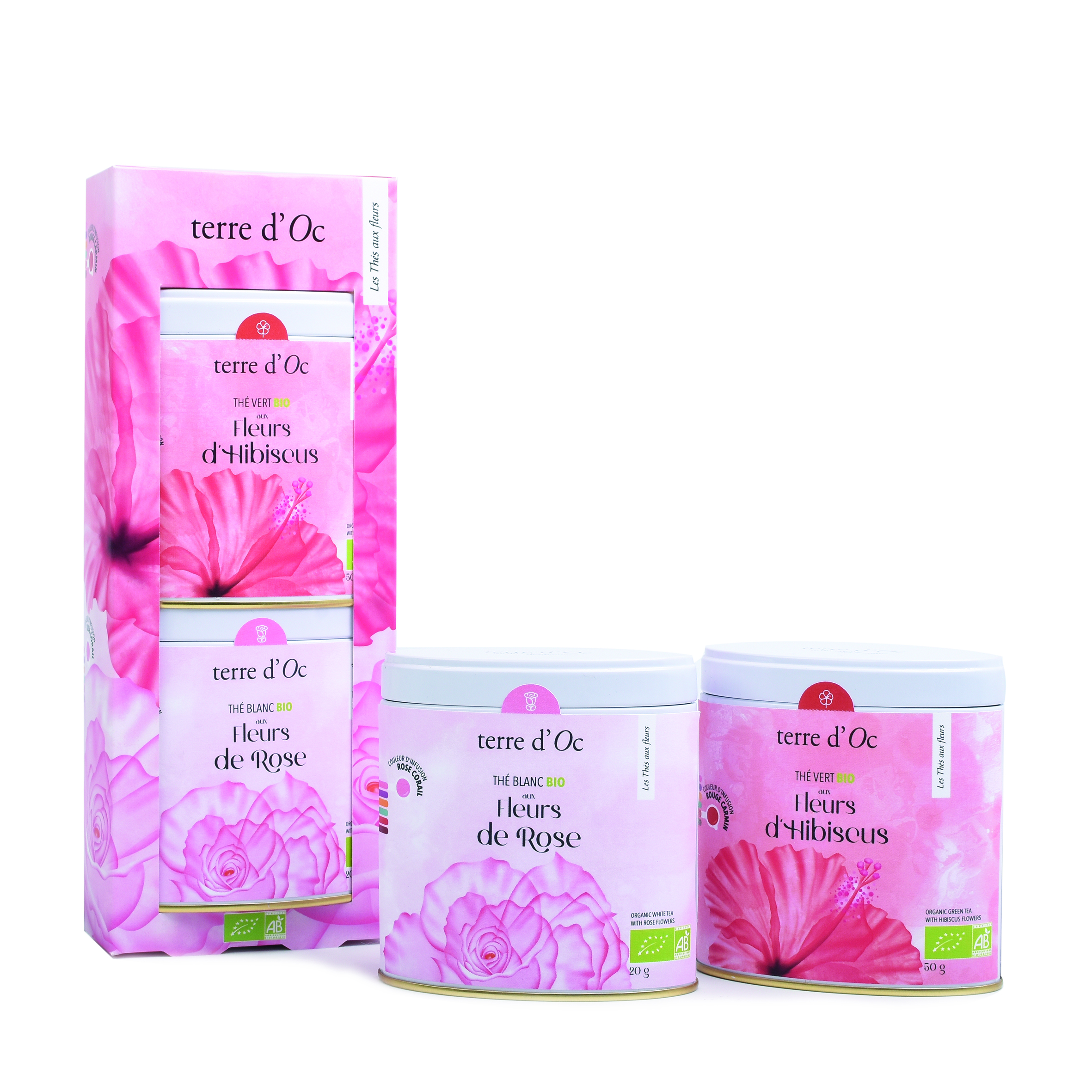  Coffret cadeau de 2 thés bio aux fleurs : rose + hibiscus