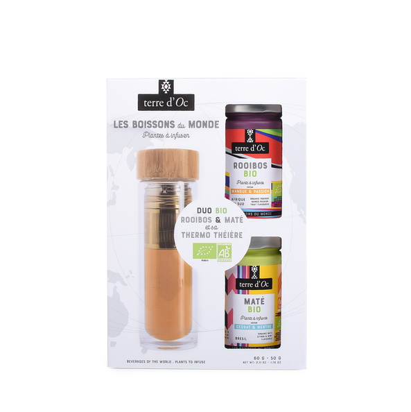 Geschenk Set:  Bio Mate Zitrone Minze + Mango Passionsfrucht Rooibos + Teekanne aus Glas