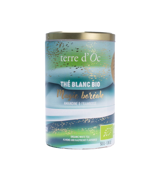 White organic tea "Starlight", almond and raspberry flavor 50g