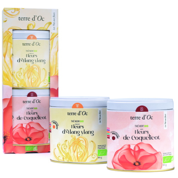 Gift set of 2 organic green teas with flowers : butterfly flower tea + poppy flower tea