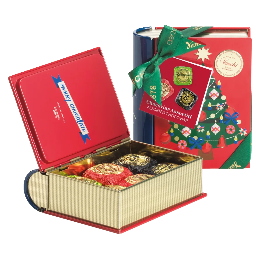 Mini Metall Buch als Geschenkbox mit Chocoviar Pralinen