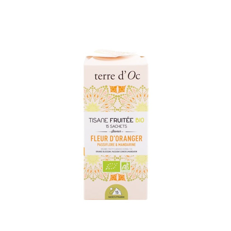 Tisane bio fruitée à la fleur d'oranger, à la passiflore et à la mandarine.