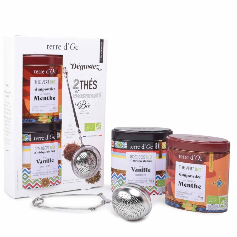 2 thés verts bio (jasmin 50g + menthe 50g) + cuillère à café de filtre